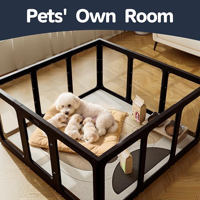 Jalove 24“ H Acrylic Dog Playpen Indoor, Relieves Pet Anxiety | Ideal for Small Dogs,Plastic Pet Playpen with Door, Clear Pet Play Pen for Puppy Rabbit, Easy Assemble Dog Pen, Black 10 PCS