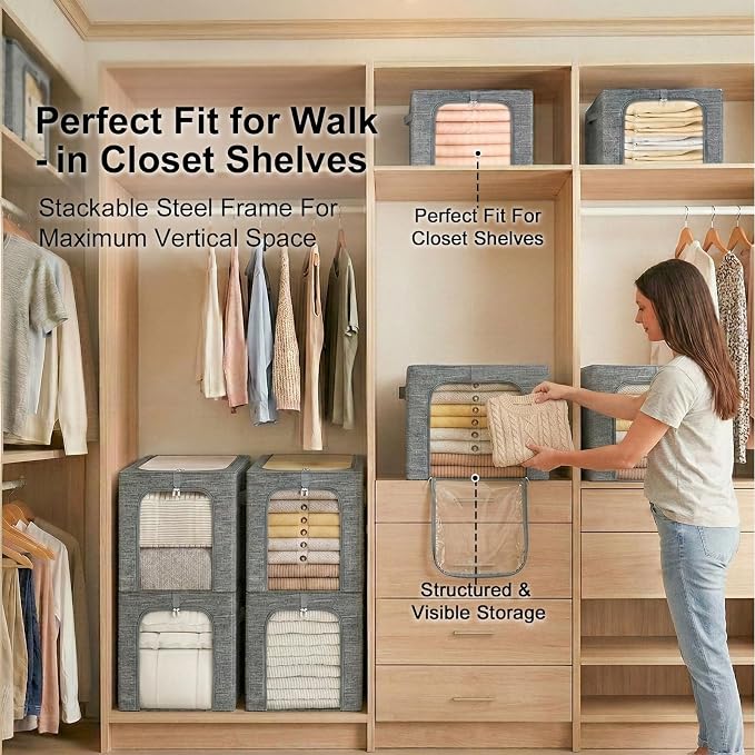 GoMaihe Blanket Storage Bins with Metal Frame for Closet, 55L 4-Pack Grey | Clothing Comforters Bedding Winter Coat, Closet Top Shelf, Collapse-Proof Stackable, Clear Window, Dual Access Space Saving