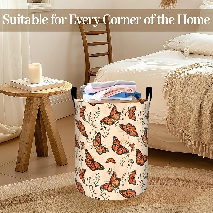 Butterfly Laundry Basket, Vintage Butterflies Foldable Oxford Cloth, Waterproof Dirty Clothes Hamper with Handles, Clothing Storage Bin Toy Organizer for Bedroom Dorm Bathroom, 19.7"x15.7"
