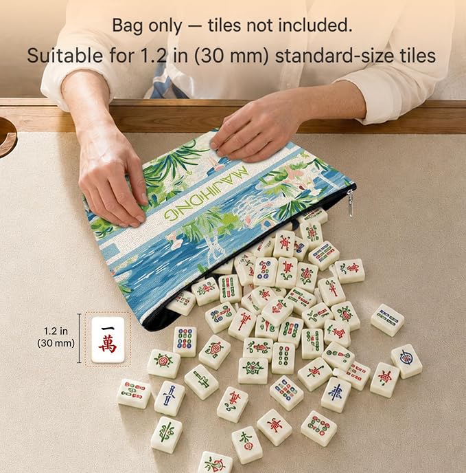 Summer Blue and Green Beach Empty Mahjong Tile Bag 13x7.8 Inch, | Boho Printed Portable Travel Case Organizer Zipper Pouch for American Mahjong Tiles Game Night Accessories and Gifts