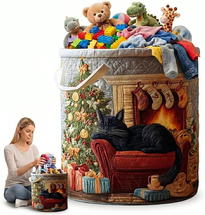 Freestanding Laundry Hamper, Collapsible Storage Basket with Handles, Cute Cat Holiday Clothes Bin for Bedroom Living Room(20" x 28")