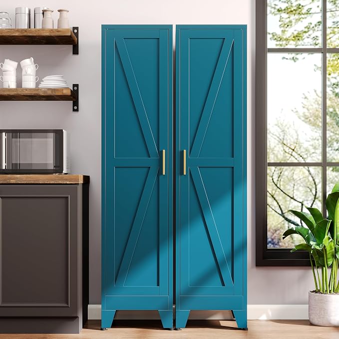 67" H Broom Closet Storage Cabinet,Metal Cleaning Cabinet,Narrow Storage Cabinets with 4 Adjustable Shelves,Slim Tall Floor Cabinet