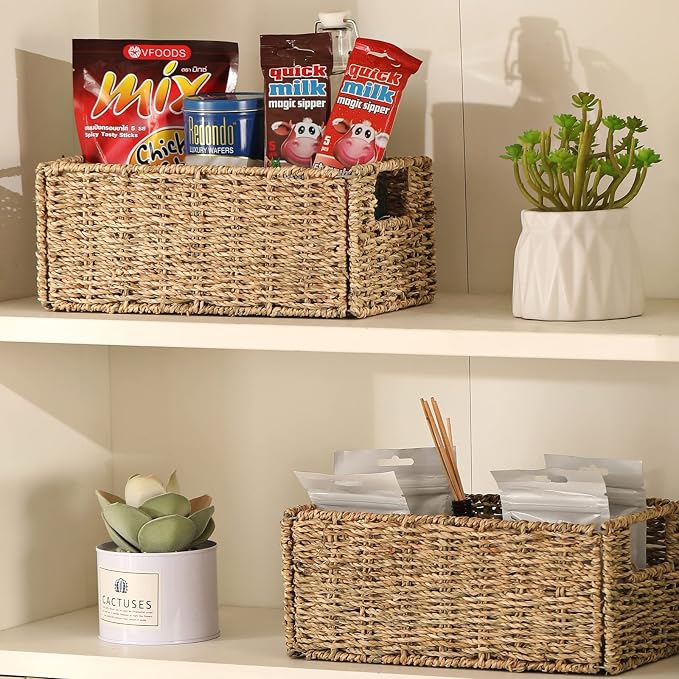 Wicker Storage Basket, Set of 2 Hand-Woven Storage Baskets for Organizing, Small Wicker Basket for Toilet Paper, Foldable Large Cube Storage Organizer Basket Bins for Shelves (Sea Grass)
