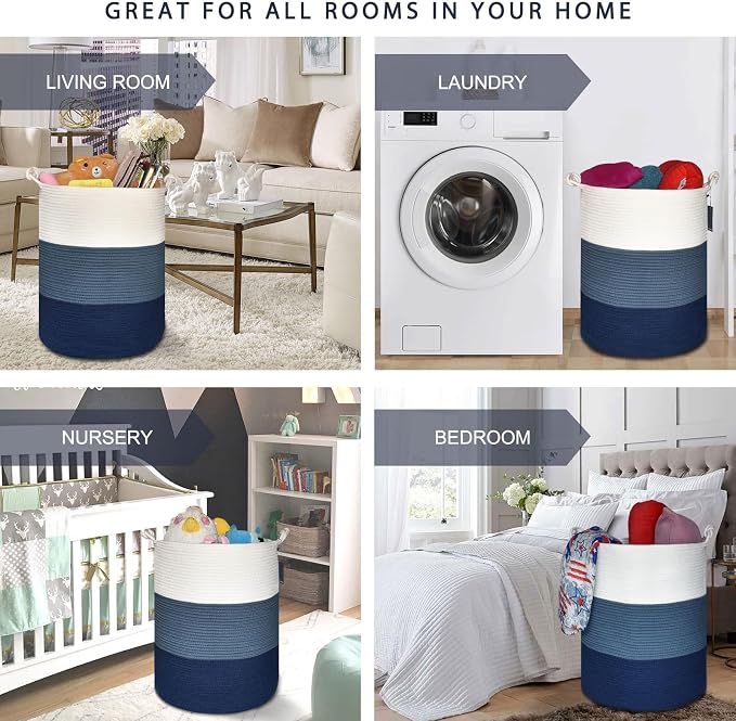 COMSE Tall Woven Blanket & Laundry Basket, 72L, White & Blue | 15.7”x 21.7”, Cotton Rope, Large Nursery Hamper for Storage of Toys Clothes Towels, Great for Living Rooms Bedrooms Bathrooms
