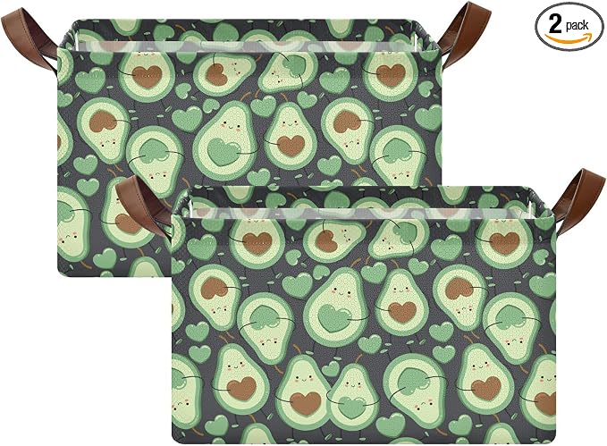 Avocado Green Happy Fruit Storage Bins for Shelves with Labels&Handles Fabric Organizer Bin Foldable Rectangle Storage Basket Boxes for Closet, Bathroom, Home, Living Room, 2 Pack
