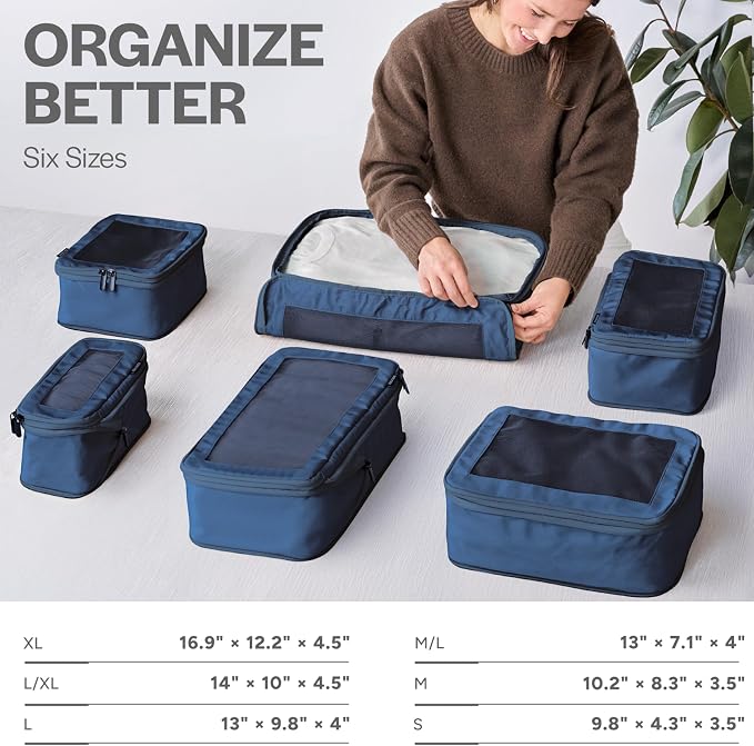 Compression Packing Cubes for Travel, 6-Pack, Dark Blue | Solves overpacking, 6-Piece set fits most suitcases, 50% Space savings, Compression luggage organizer bags