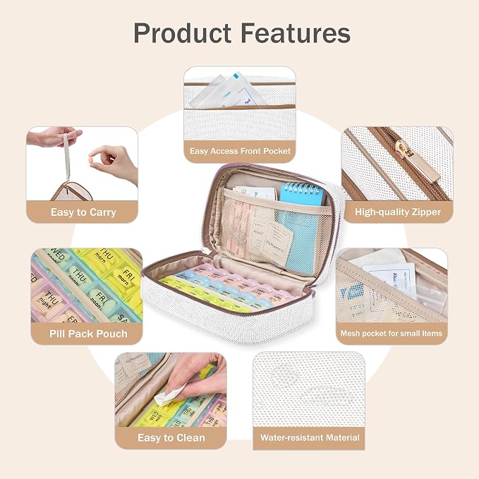 Lexeeco Travel Pill Case for Purse with Weekly Pill Organizer 3 Times a Day | Cute Am Pm Pill Box 7 Day ,Travel Medicine Organizer Pill Container Holder for Vitamins,Fish Oils,Medication,Medical Supplies