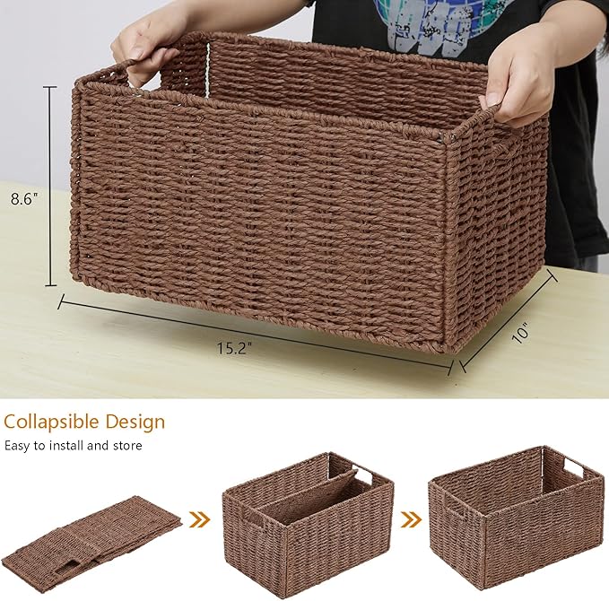 Vagusicc Large Wicker Storage Basket, Set of 2 Baskets for Organizing Brown | Hand-Woven Wicker Small Storage Baskets for Organizing Toilet Paper, Foldable Large Cube Storage Organizer Bins for Shelves