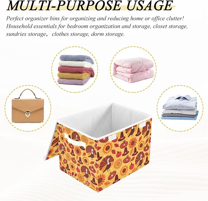 Thanksgiving Sunflower Turkey Storage Bins with Lids and Carrying Handle,Foldable Storage Boxes Organizer Containers Baskets Cube with Cover for Home Bedroom Closet Office