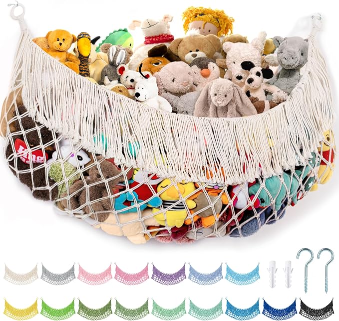 Stuffed Animal Hammock - Extra Large 56'' Long (Cream White) | Premium Cotton Hand-knitted, Beautiful Long Tassel, Storage Hanging Organizer, Can Fit Stuffed Animals 30 Piece or More