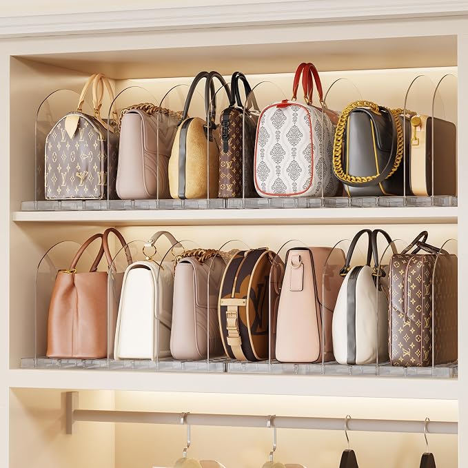 Purse Organizer for Closet 4 Pack Clear Handbag Storage Organizer Adjustable Acrylic Shelf Dividers for Closet Organizers and Storage, Keep Pocketbook, Clutch, Wallet, Bag Upright