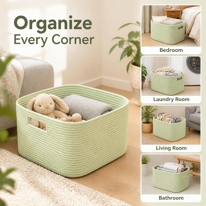 22.8GAL Xl Extra Large Laundry Basket for Bathroom, Dorm Dirty Clothes, Sturdy Portable Aesthetic Boho Cute Woven Storage Shoes Blanket Baskets for Living Room Decor Girls Boys Pets Toys Sage Green