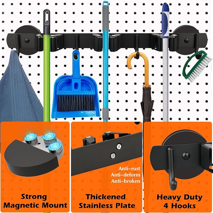 MUTUACTOR Magnetic Broom Holder,Anti-slip Heavy Duty Broom and Mop Hanger Metal Tool Holder 3 Racks and 4 Hooks for Laundry Garage Kitchen Factories Workshops Organization and Storage(1 Set)