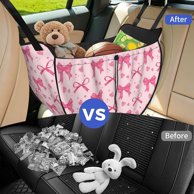 Pink Bow Heart Car Seat Organizer Backseat Storage Bag, Large Waterproof Vehicle Organizer With Adjustable Straps For Gear Essentials, Fits Most Cars