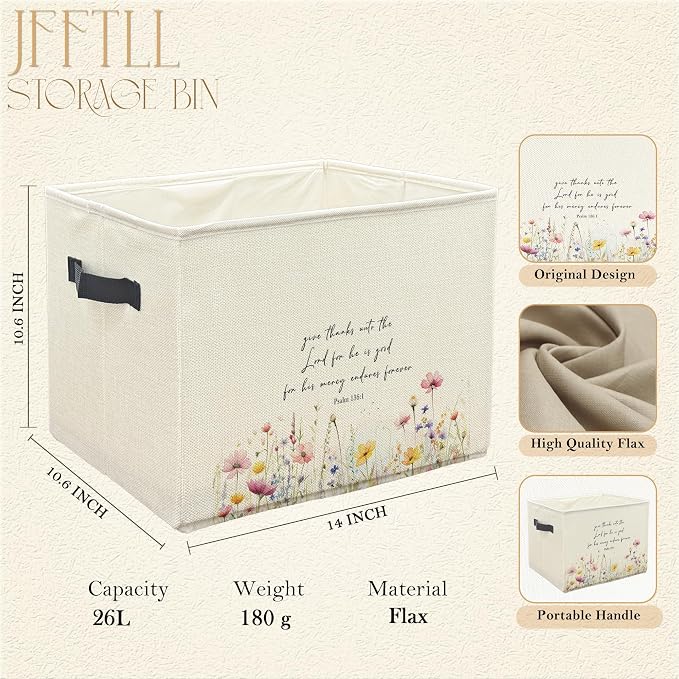 Christian Floral Storage Bins with Handles, Christian Home Decor, Give Thanks to the Lord Bible Verse Collapsible Laundry Basket Storage Box for Home Bedroom Bathroom Clothes Toys Books