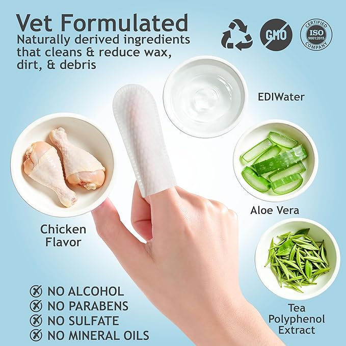 DOCO Pet Dog Teeth Cleaning Wipes – Deodorizing Finger Wipes for Dogs & Cats | Helps Reduce Plaque & Tartar Buildup, Supports Fresh Breath, No Rinse (Chicken, 100 Count)