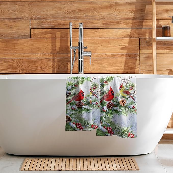 Giwawa Winter Birds Towel Set of 2 Christmas Red Birds Holly Berries Decorative Hand Towels Xmas Snow Pine Cones Soft Microfiber Face Towel Washcloth for Bathroom Guest Gym Spa Hotel Holiday