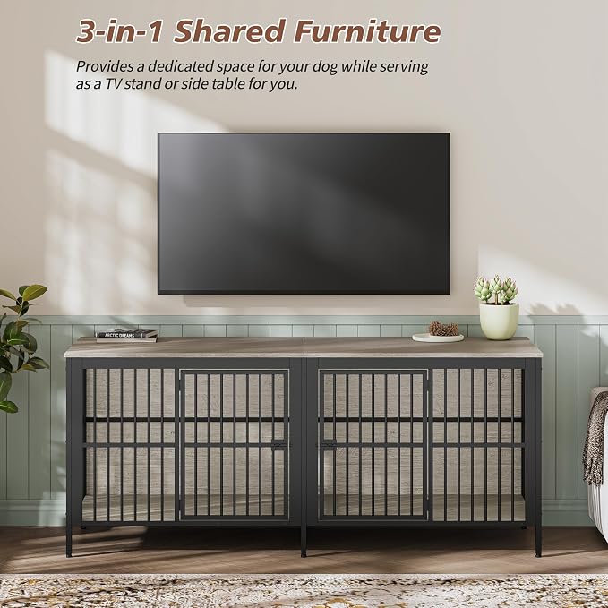 80" Dog Crate End Table, Heavy Duty 2-Door Indoor Pet Kennel, Multipurpose Dog House Furniture as TV Stand or Side Table for Living Room, Large & Medium Dogs (Brown)