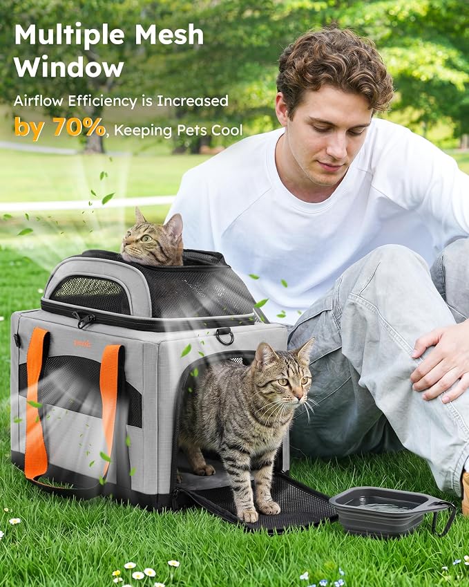 Pecute Cat Carrier,Top Expandable Dog Crate for Travel, Grey