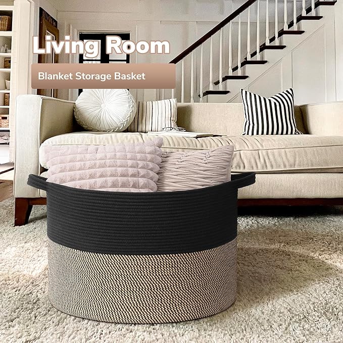 Goodpick 115L Extra Large Storage Basket for Blankets Toys for Nusery Room | 23.5 x 23.5 x 15.8 In Woven Basket for Storage, Kids Toy Storage for Playroom, Laundry Basket for Towels, Black & Mix Jute