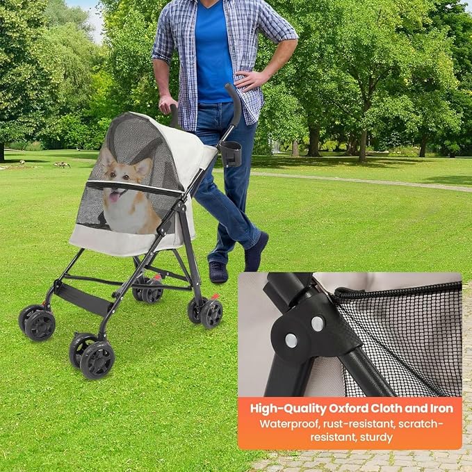 Pet Stroller for Small Medium Dogs Up to 22lbs, 4 Wheels Folding Pet Carriage Cart for Dogs Cats, Portable Cat Puppy Jogging Stroller with Rear Pocket and Cup Holder (Gray)