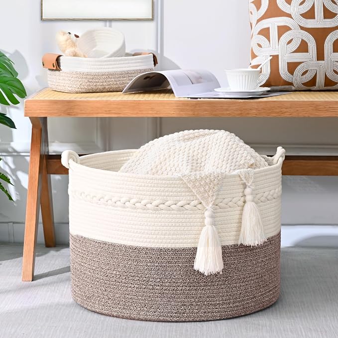 67L Large Blanket Basket, 20"x13" Woven Storage Baskets With Handle, Cotton Rope Blanket Basket Living Room, Baby Laundry hamper for Blanket, Nursery, Toy, Pillow (White & Oatmeal)