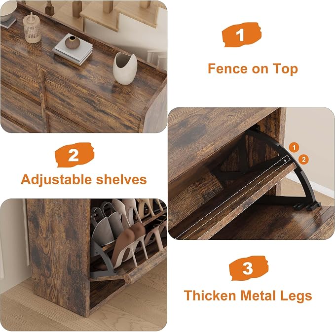 GarveeHome Shoe Cabinet with 6 Flip Drawers, Wooden Shoe Organizer Cabinet with Adjustable Shelf, Shoe Storage for Entryway, Hidden Shoe Cabinet for Hallway, Living Room, Rustic Brown