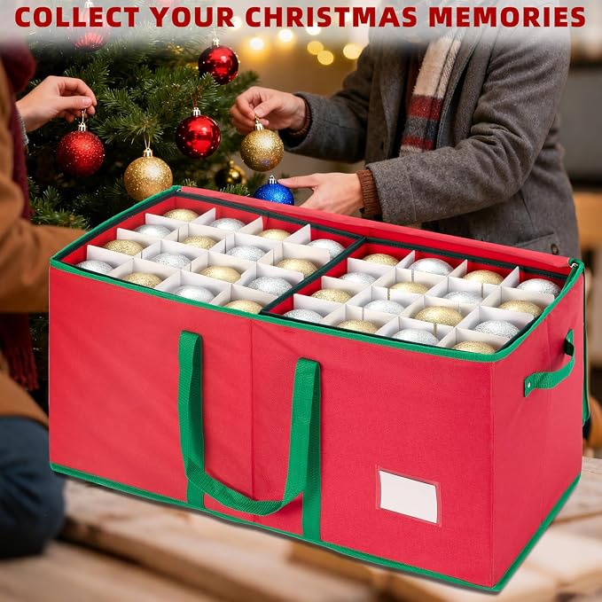Christmas Ornament Storage Box with Adjustable Dividers and Side Pockets, Large Ornaments Storage Container Bin with Zippered Top for Xmas Decorations (128-3" Balls, Red, With Tray)