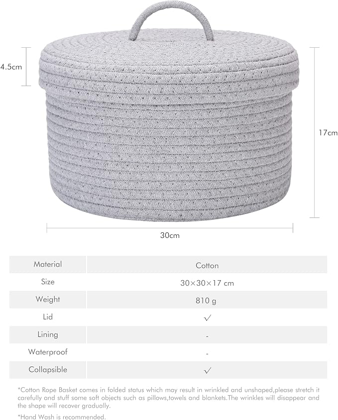 Sea Team Round Storage Basket, Woven Cotton Rope Basket with Lid, Gray | Decorative Knitted Storage Bin, Multi-Purpose Lidded Organizer for Closet Shelves, Nursery and Household Storage