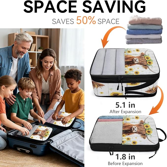 Highland Cow 6 Set Compression Packing Cubes Funny Cattle Bull Cow Expandable Packing Organizer for Travel Accessories Luggage Suitcase Bag