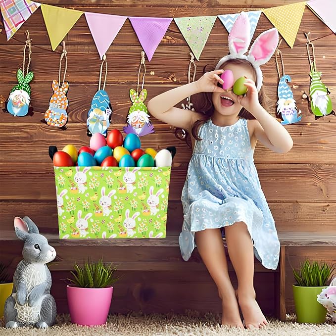 Large Empty Easter Basket for Kid Fabric Personalized Bunny Eggs Easter Gift Basket for Boy and Girl (Rabbit Chicken Green Bottom)
