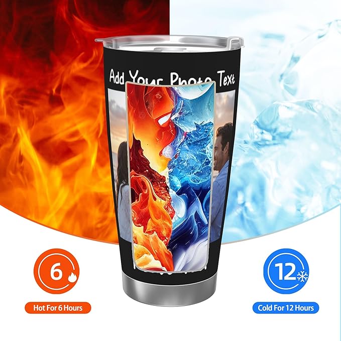 Personalized Stainless Steel Tumbler with Photo Logo Text Name, Custom 20 Oz Coffee Mug for Christmas Anniversary Birthday, Customize Travel Car Thermos Cup for Family Friends