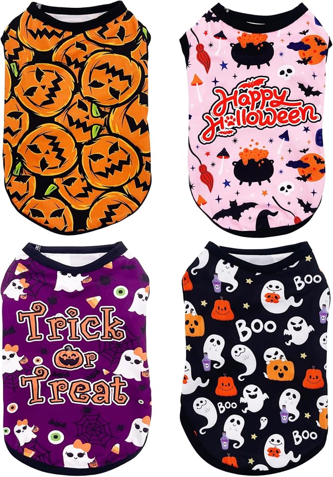 PET SHOW 4 Pack Halloween Dog Shirts for Small Dogs Boy Girl | Breathable t-shirts for dogs,polyester,sleeveless vest,holiday birthday puppy clothes tank top,M