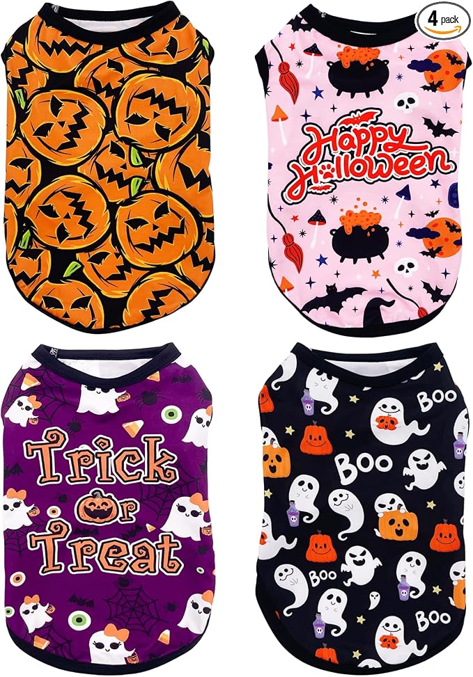 PET SHOW 4 Pack Halloween Dog Shirts for Extra Small Doggies Boy Girl | Breathable t-shirts for cats,polyester,sleeveless vest,holiday birthday puppy clothes tank top,XS