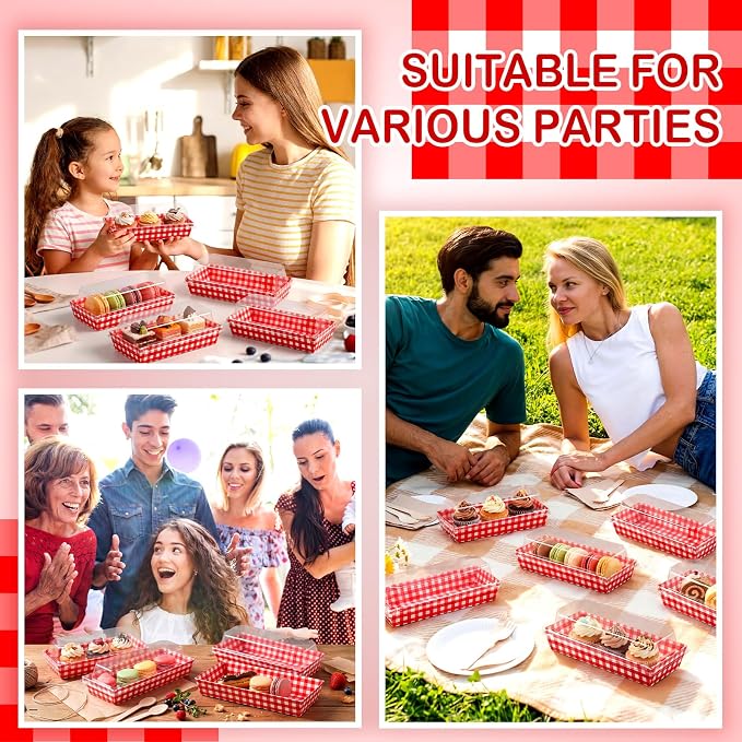 Bokon 50 Pack Red Gingham Charcuterie Boxes with Clear Lids Italian Night Theme Party Supplies Disposable Food Containers for BBQ Picnic Sandwich and Cookie Packaging Boxes