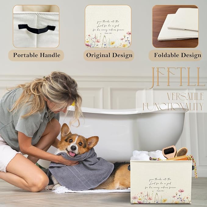 Christian Floral Storage Bins with Handles, Christian Home Decor, Give Thanks to the Lord Bible Verse Collapsible Laundry Basket Storage Box for Home Bedroom Bathroom Clothes Toys Books