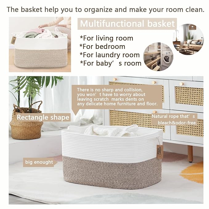 COMFY-HOMI Large Rectangular Blanket, Cotton Rope Woven for Storage, LaundryHamper, Storage,Toy Organizing Bin with Handle, Organizer and Storage-22x15x12-
