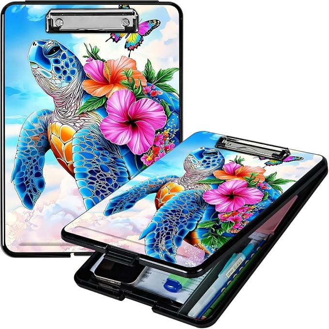 Heavy Duty Storage Clipboard, Slim Nursing Clipboard with Internal Pen Case, Portable File Organizer Case for A4 Letter Size Paper Office Medical Professionals, Turtle Pink Flower