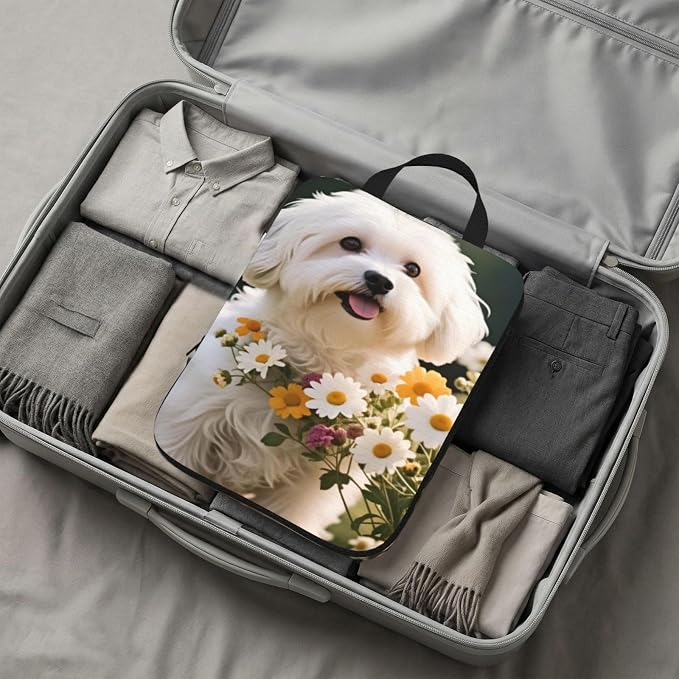 Adorable Maltese With Flowers Dog Compression Packing Cubes Set Of 4, Lightweight Expandable Travel Organizer Bags With Double Zipper For Vacation Business