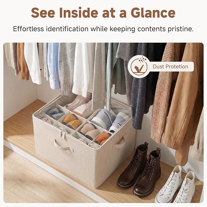 StorageWorks 2-Pack 32-Pair Shoe Organizer Bins, Khaki and Beige Stripes | Adjustable Dividers, Holds up to 16 Pairs Each, Foldable, Clear Lid, Fits Shoes, Clothes, Blankets, For Seasonal Storage