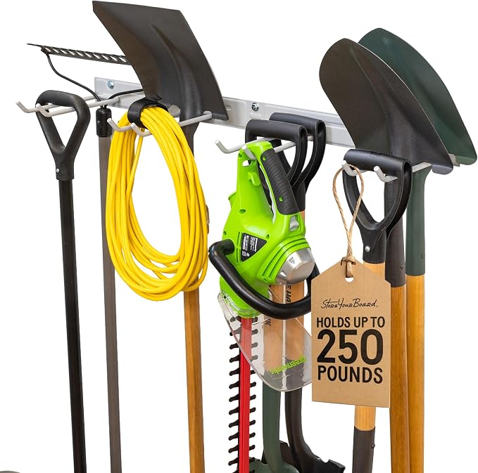StoreYourBoard Garage Tool Organizer, 36 in, Holds 250 lb | Garden Tool Rack Wall Mount, Garden Tool Organizer, Shovel Wall Mount, Rubber Coated Hooks