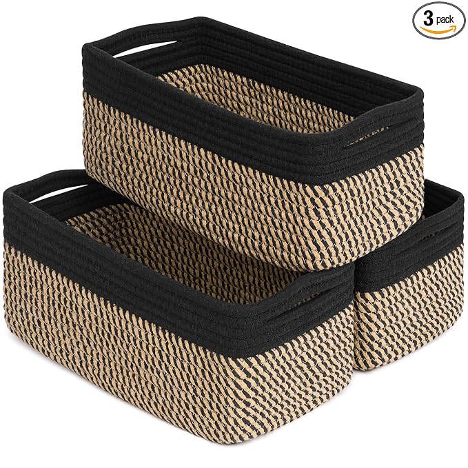 Goodpick 3-Pack Wicker Storage Baskets for Shelves, 13 x 8 x 5 in | Woven Baskets for Shelves, Closet Organizer Bins, Empty Baskets for Gifts,Woven Basket for Play Room, Black & Jute