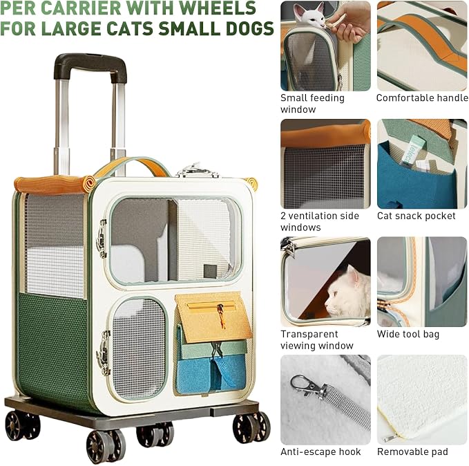 Cat Carrier with Wheels, Folding Rolling Pets Carrier on Wheel Soft Pet Handbag Cats Backpack, Dog Carriers up to 23 LBs Removable Cat Bag for Small Dogs Medium Cats Outing(NOT for TSA)