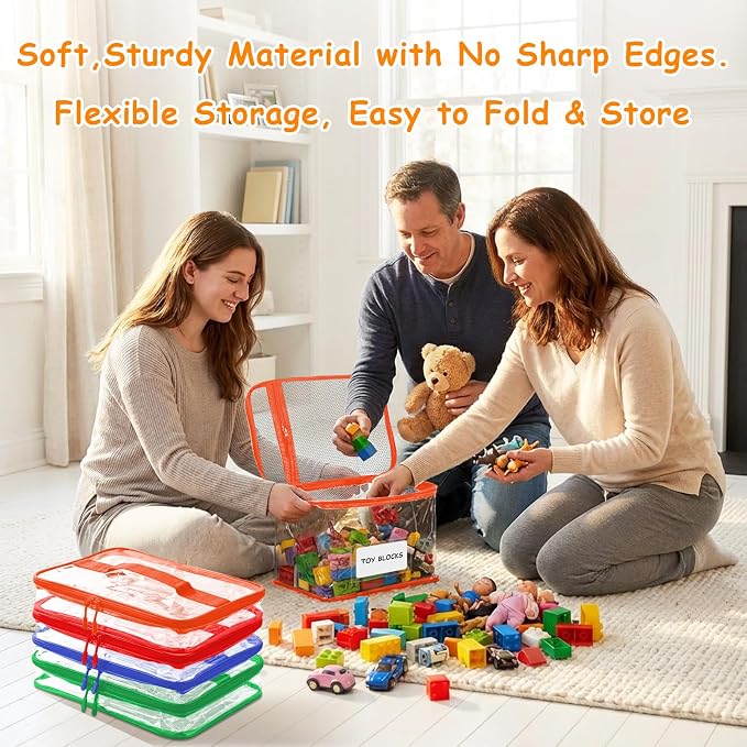 HOUYEE 6 Pack Extra Large Clear Toy Storage Bags With Zipper (Colorful) | Toy Organizer Bags with Name Tags and Mesh Pocket,Reusable PVC Waterproof Storage Bags for Toys, Board Games, Building Blocks