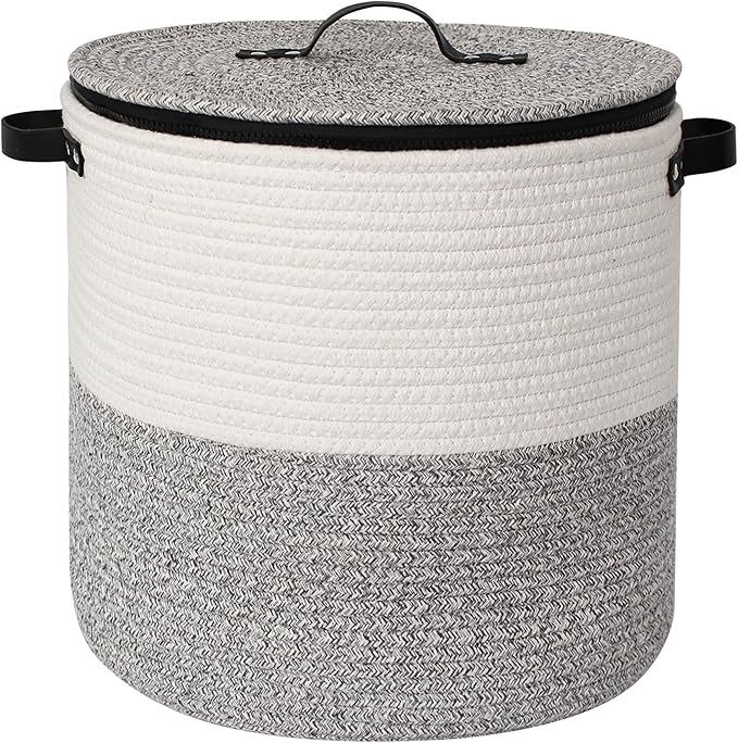 Large Basket with Lid, 18"x14" Woven Blanket Storage for Living Room, Round Cotton Rope Storage Bin with Zipper Top, Shoe Basket with Lid for Entryway, Floor Kids Dog Toy Bin Box with Cover
