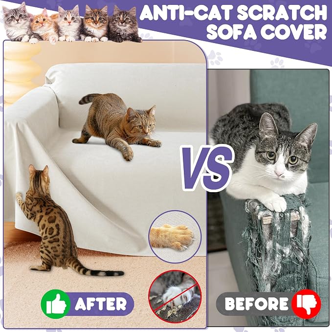 Loiion Cat Scratch Proof Furniture Protector Waterproof Sofa Cover 134"x71" | Pet-Friendly Couch Protector, Anti-Scratch & Anti-Slip Sofa Cover For Cats Dogs Kids, Machine Washable