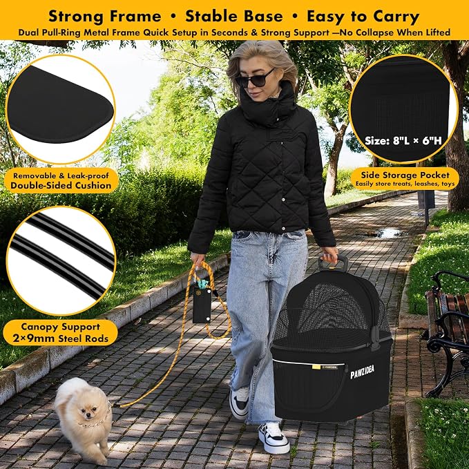 PAWZIDEA Pet Stroller 4-in-1, Foldable Dog Stroller with Detachable Carrier | Escape-Proof No-Zip Canopy, Portable Travel Crate & Car Seat Combo, for Small to Medium Dogs & Cats up 33 lbs, Storage Basket