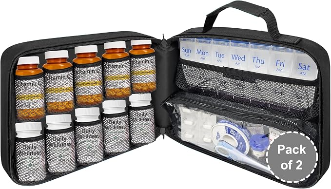 Large Pill Bottle Organizer & Medicine Bag, 2-Pack, Black | Bulk pack of padded prescription bottle organizers and medicine bags with fixed pockets for travel or home use