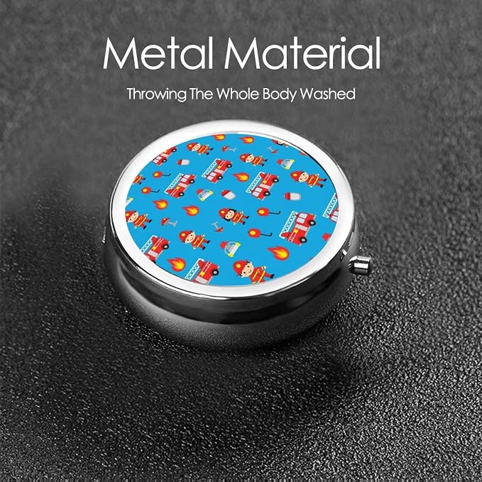 Small Pill Organizer, Round Metal Dispenser, Portable Case for Fish Oil, Travel Pill Box Purse Essential, Cute Red Fire Truck Blue