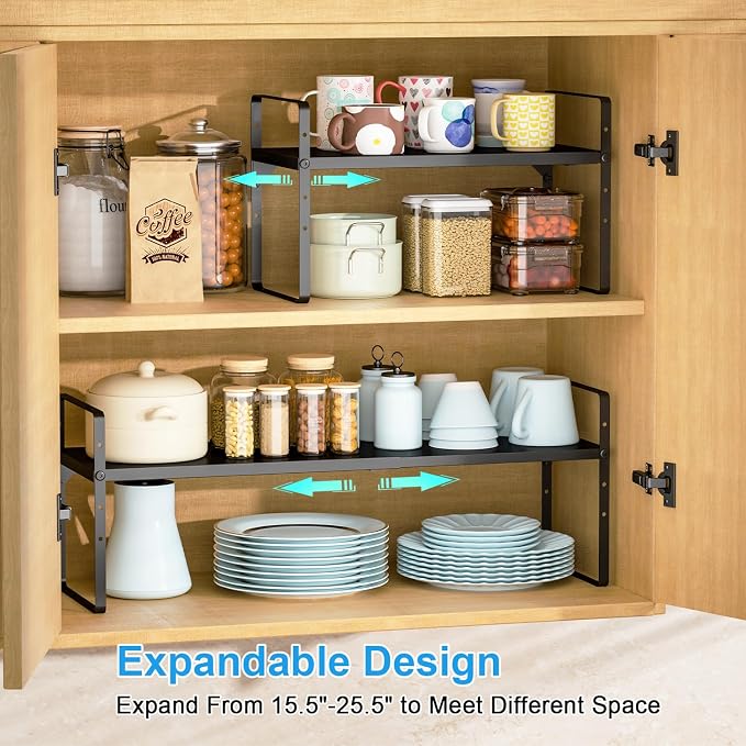 15.5 to 25.5 Inch Kitchen Cabinet Shelf Organizers，Kitchen Shelf Organizer | Adjustable Counter Organizer, Set of 4 Expandable Countertop Storage Shelves, Stackable Design, 30LBS Heavy Duty, Space Saver